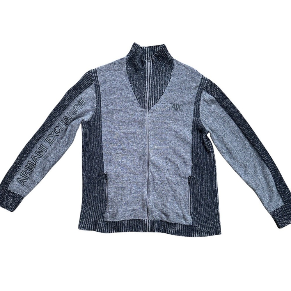 Armani Exchange Full Zip Sweater Mens Large Grey Mock Neck Logo Sleeve Excellent